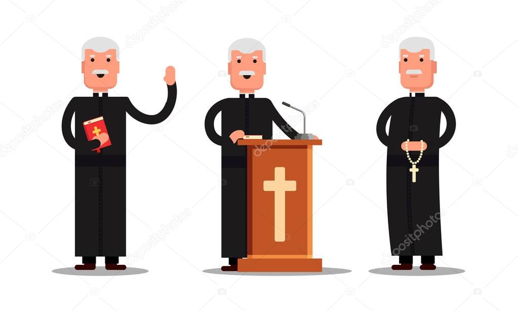 Set Pastor character standing with cross, Bible, tribune isolated on white background. Preacher man in different poses. Vector stock illustration