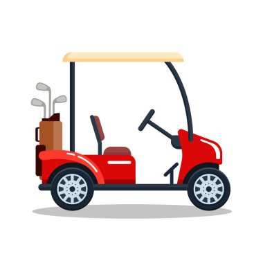 Vektör elektrikli golf arabası golf club çanta ile. Taşıma, beyaz arka plan üzerinde izole vehile