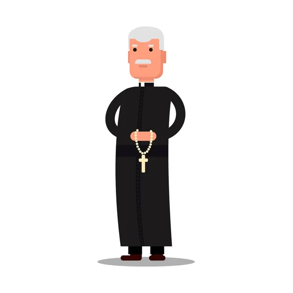 Carácter pastor de pie con cruz aislada sobre fondo blanco. Predicador hombre estilo plano - Vector stock illustration — Archivo Imágenes Vectoriales