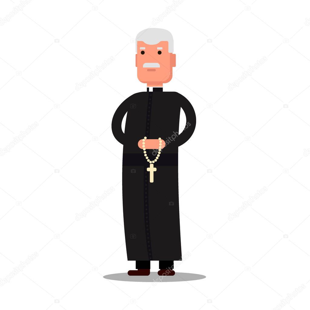 Pastor character standing with cross isolated on white background. Preacher man flat style - Vector stock illustration