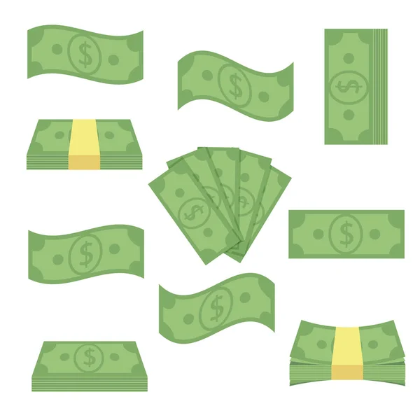 Set different banknotes money. Stack bills, finance heap cash - flat vector illustration. Currency objects isolated on a white background — Stock Vector