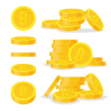 Dijital bitcoins düz stil beyaz arka plan üzerinde izole ayarlayın. Simge Finans yığın, altın sikke yığını. Altın para vektör çizim yığılmış - ayakta