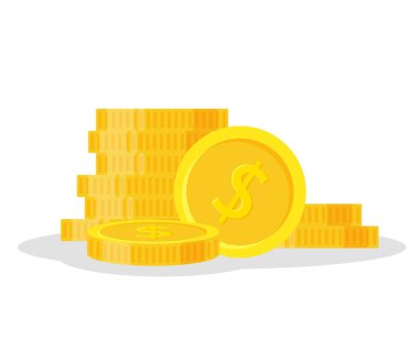 Set sikke vektör çizim, simge düz Finans yığın, Doları para yığın yığın. Beyaz arka plan üzerinde - düz stil izole yığılmış, altın parçası üzerinde duran altın para