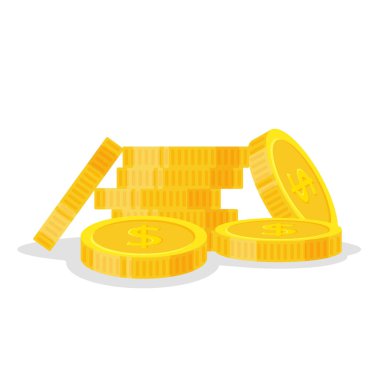 Set sikke vektör çizim, simge düz Finans yığın, Doları para yığın yığın. Beyaz arka plan üzerinde - düz stil izole yığılmış, altın parçası üzerinde duran altın para