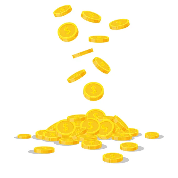Πτώση χρυσά νομίσματα που απομονώνονται σε λευκό φόντο. Μετρητά χρήματα σωρού. Εμπορική τραπεζική, οικονομικών έννοια σε στυλ επίπεδη — Διανυσματικό Αρχείο