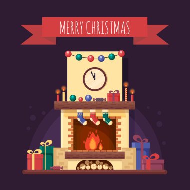 Noel hediyeler, saat ve mum ile şömine. Düz stil tebrik kartı için renkli festival iç. Xmas ev dekorasyon - hisse senedi vektör çizim