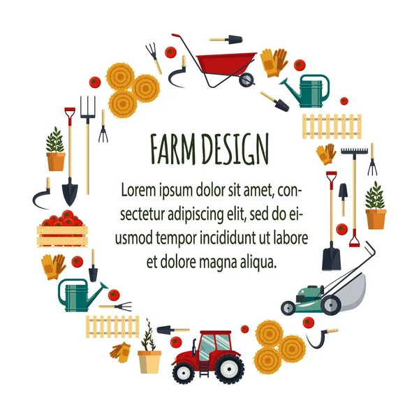 Impostare gli strumenti agricoli flat-vector illustrazione. Strumenti da giardino icona, pala, forcone, rastrello, tosaerba, guanti, carriola, piante, annaffiatoio, trattore isolato su fondo bianco. Cerchio attrezzature agricole . — Vettoriale Stock