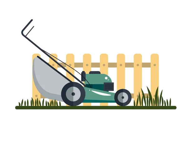 Rasenmäher-Maschine Ikone Technologie Ausrüstung Werkzeug, Gartenarbeit Rasenmäher mit Gras und Zaun isoliert auf weißem Hintergrund - Vektor Lager Illustration — Stockvektor