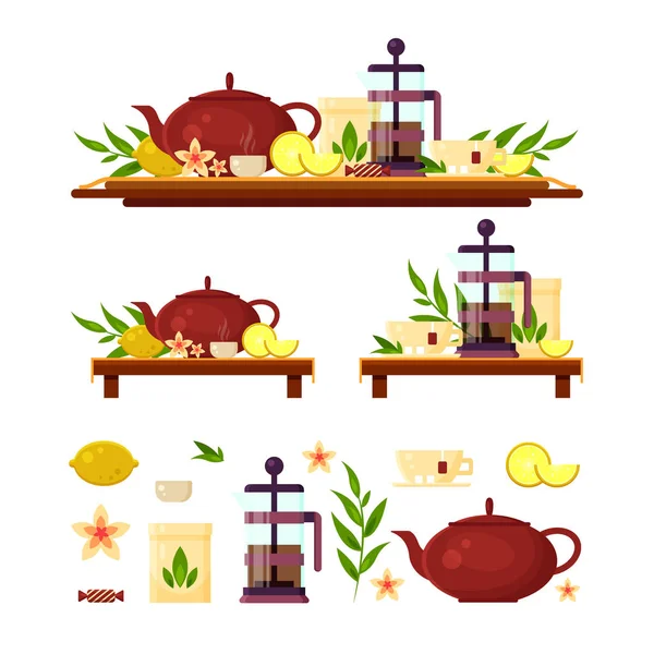 Ceremonia del té - tetera, prensa francesa, taza, limón, dulces. Ilustración de icono de vector plano, conjunto de compilación — Vector de stock