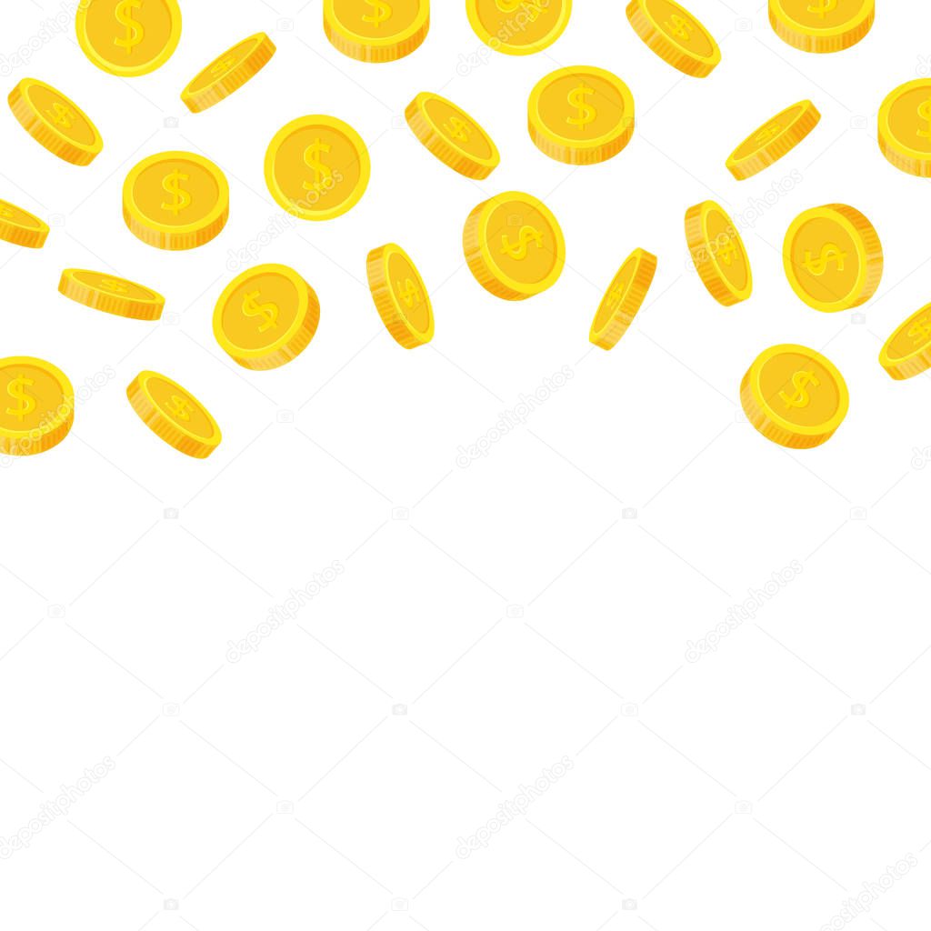 Golden coin rain isolated on white background - flat style. Cash money fall, winner - vector illustration