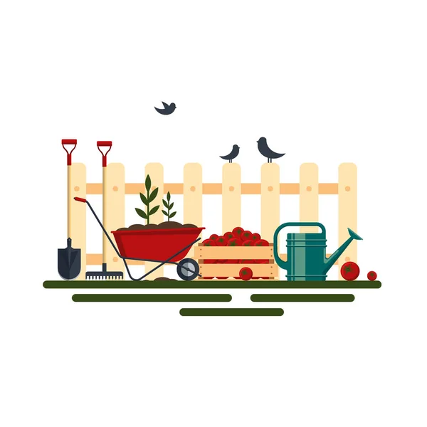 Concepto de jardinería. Herramientas agrícolas ilustración de vectores planos. Colección de iconos de instrumentos de jardín, pala, rastrillo, carretilla, planta, regadera aislada sobre fondo blanco. Equipo de agricultura — Vector de stock