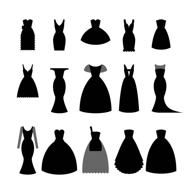 Collection silhouettes de robes noires sur fond blanc illustration vectorielle stock. Elégante robe courte et longue pour femme, design de dame de la mode — Image vectorielle