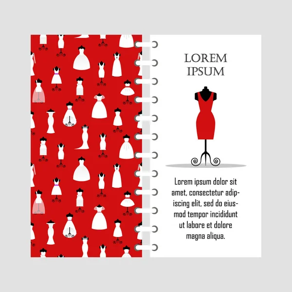 Vektorschablone rotes Frauenkleid auf Schaufensterpuppe, Kollektion verschiedener weißer Kleider mit nahtlosem Muster, Damenmodeboutique, Kleiderschrank - Vektorillustration. Cover-Design für den Druck — Stockvektor