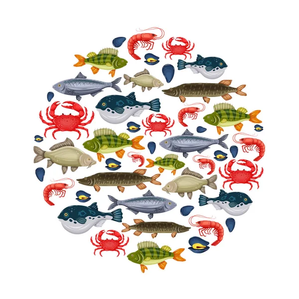 Marisco engastado con cangrejo, pescado, mejillón, camarones en círculo. Diseño para menú de restaurante, mercado. Criaturas marinas de estilo plano - ilustración vectorial — Vector de stock