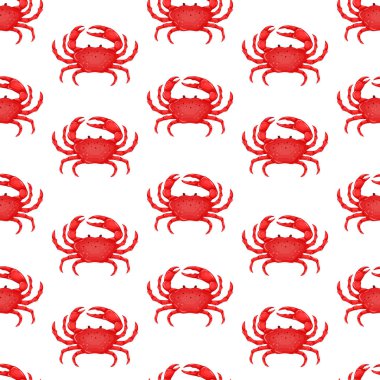 Beyaz arka plan üzerinde - vektör illüstrasyon izole düz kırmızı Yengeç ile Seamless modeli. Deniz su hayvan simgesi pençeleri olan. Deniz ürünleri ürün tasarımı