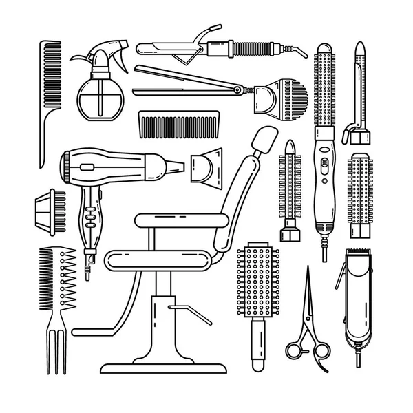 Dünne Linie Set von Friseurobjekten isoliert auf weißem Hintergrund. Friseurausrüstung und Werkzeuge Logo-Symbole, Haartrockner, Kamm, Schere, Haarschneidemaschine, Curling, Haarglätter für Friseursalon — Stockvektor