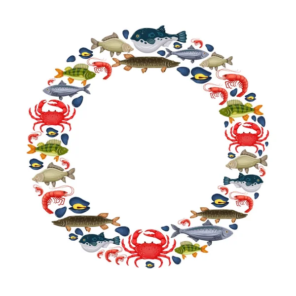 Ensemble de fruits de mer avec crabe, poisson, moule, crevettes en cercle et place pour votre texte. Design pour menu restaurant, marché. Créatures marines dans un style plat - illustration vectorielle — Image vectorielle