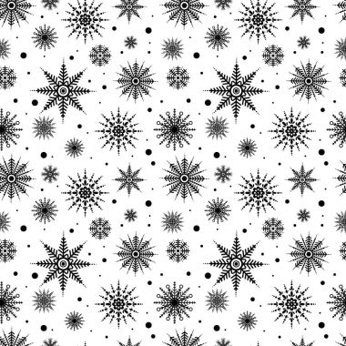 Dikişsiz desen siyah siluetler kar taneleri üzerinde izole beyaz arka plan, kış davetiye kartı-vektör çizim için ayarla