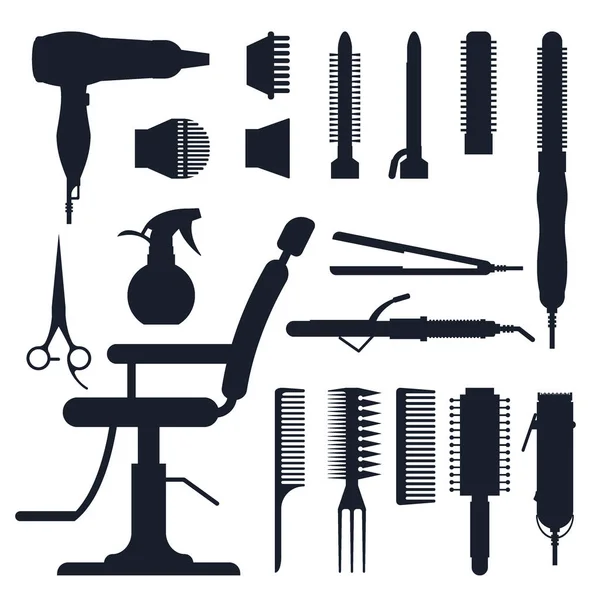 Schwarze Silhouette Set von Friseurobjekten isoliert auf weißem Hintergrund. Friseurausrüstung und Werkzeuge Logo-Symbole, Haartrockner, Kamm, Schere, Haarschneidemaschine, Curling, Haarglätter für Friseursalon — Stockvektor