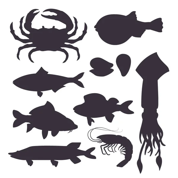 Морепродукти набір чорний силует з крабом, рибою, мушелем і креветками ізольовані на білому тлі. Дизайн меню ресторану, ринок. Морські істоти в плоскому стилі - Векторні ілюстрації — стоковий вектор