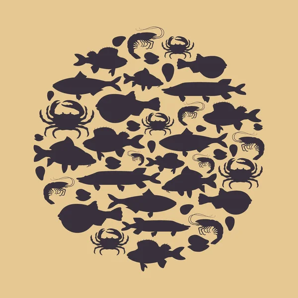 Marisco engastado con cangrejo silueta, pescado, mejillón, camarones en círculo. Diseño para menú de restaurante, mercado. Criaturas marinas de estilo plano - ilustración vectorial — Vector de stock