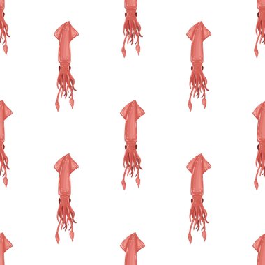 Beyaz arka plan üzerinde izole düz pembe kalamar ile Seamless modeli. Kırmızı yaratık, vahşi yaşam sualtı dünyasını. Deniz ürünleri - vektör çizim