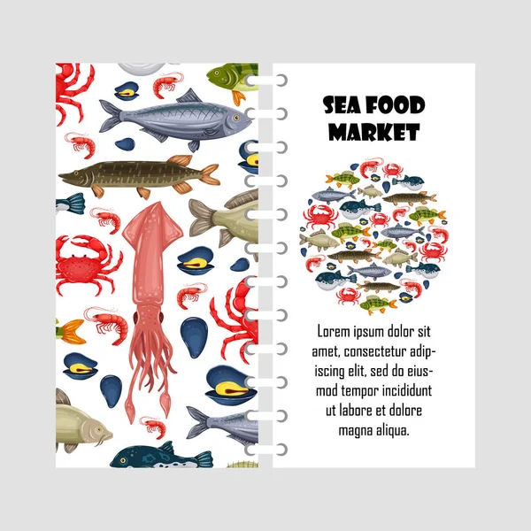 Vector template seafood set with crab, fish, mussel and shrimp isolated on white background. Cover design for restaurant menu, market. Marine creatures in flat style - stock illustration for print — Stock Vector