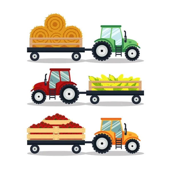 Zestaw płaskie ciągników z koszyka kukurydzy, siano, pomidor na białym tle. Transport maszyn rolniczych dla farmy z plonów - ilustracja wektorowa — Wektor stockowy