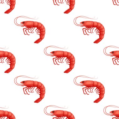 Beyaz arka plan - vektör çizim üzerinde düz kırmızı karides ile sorunsuz pattrn. Karides, deniz ürünleri arka plan, Restoran Menü için şablon