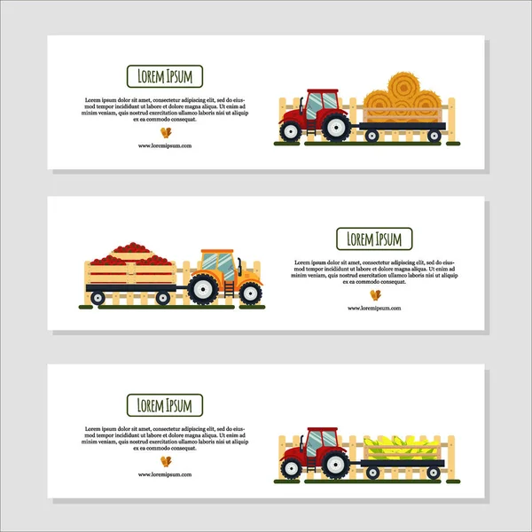 Conjunto de pancartas horizontales para el diseño de la granja con tractor, heno, maíz, tomate. Elementos de la cosecha agrícola - ilustración de vectores planos. El transporte de maquinaria agrícola — Vector de stock