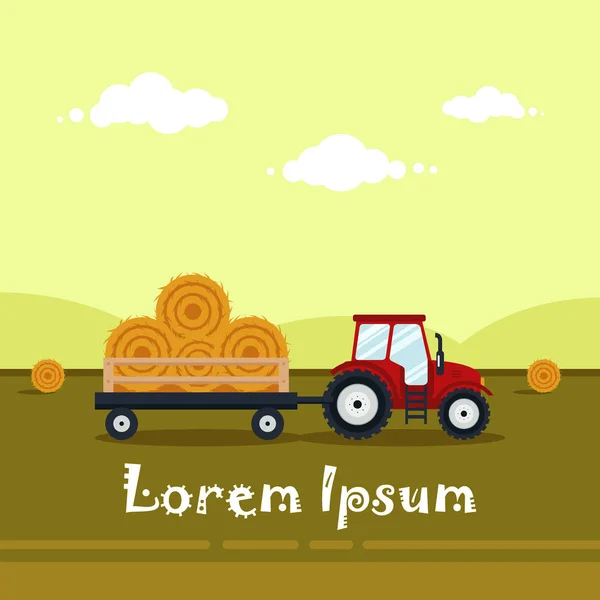 Tractor rojo plano con un carro de heno. La maquinaria agrícola transporta para la granja con pajar - ilustración vectorial. Paisaje agrícola — Archivo Imágenes Vectoriales