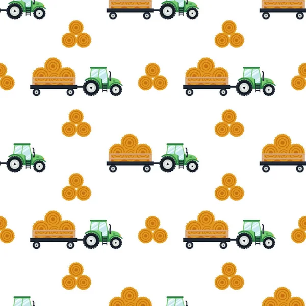 Seamless pattern flat green tractor with a cart hay. The agricultural machinery transports for farm with haystack - vector illustration — Stock Vector