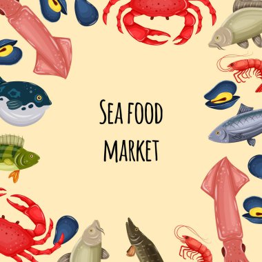 Deniz ürünleri banner - Yengeç, balık, midye ve karides, metniniz için yer ile. Restoran Menü, Pazar için tasarım. Düz stil - vektör çizim içinde deniz canlıları
