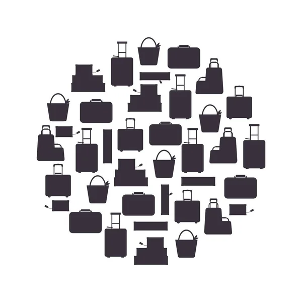 Siyah siluet seyahat çantaları beyaz arka plan vektör illüstrasyon izole bir dairede. Koleksiyon iş ambalaj voyage, gezi Bagaj kolu. Yaz saati. El çantası ve macera için Bagaj — Stok Vektör