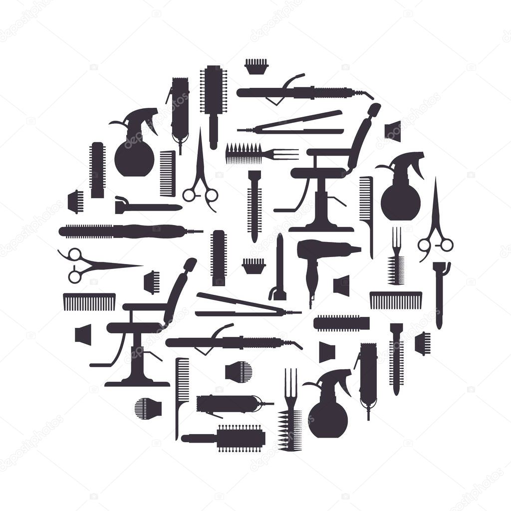 Black Silhouette Of Hairdresser Objects In Flat Style Isolated On