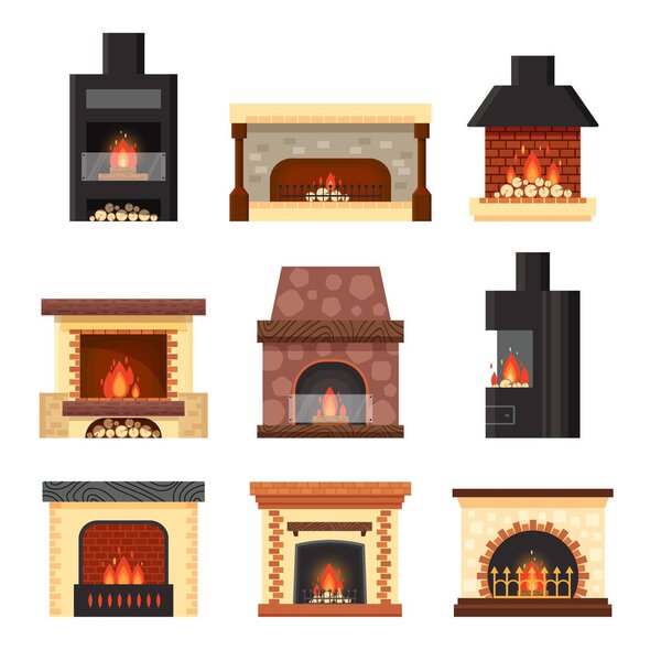 Vector set different colorful home fireplaces with fire and firewood isolated on white background. Design elements for room interior in flat style - stock illustration