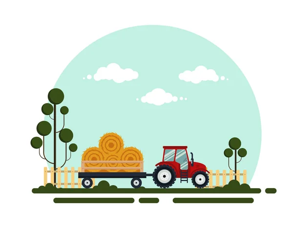 Flat red tractor with a cart hay. The agricultural machinery transports for farm with haystack - vector illustration. Farming landscape — Stock Vector