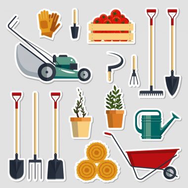 Çıkartmalar çiftlik araçları düz-vektör çizim ayarlayın. Bahçe aletleri Icon collection, tarım ekipmanları, yapışkan etiket
