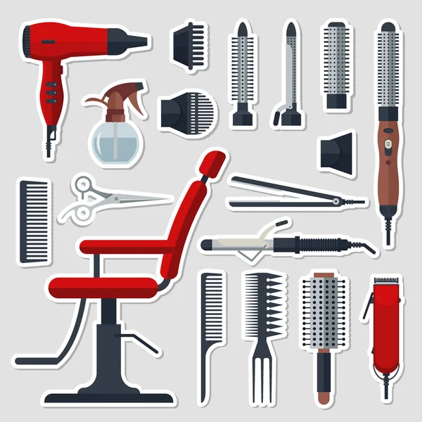 Aufkleber-Set von Friseurobjekten in flachem Stil auf grauem Hintergrund. Ausstattung und Werkzeuge für Friseursalons, Haartrockner, Kamm, Schere, Stuhl, Haarschneider, Curling, Haarglätter. klebrige Etiketten — Stockvektor