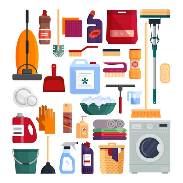 Service de nettoyage. Set outils de nettoyage de maison isolé sur fond blanc. Produits détergents et désinfectants, équipements ménagers pour le lavage - illustration vectorielle plate — Image vectorielle