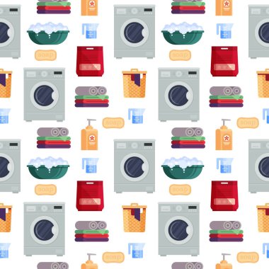 Çamaşırhane Hizmeti seamless modeli, ev temizlik araçları beyaz arka plan üzerinde. Deterjan ve aklamak ürünleri, ev eşyası yıkama - düz vektör çizim