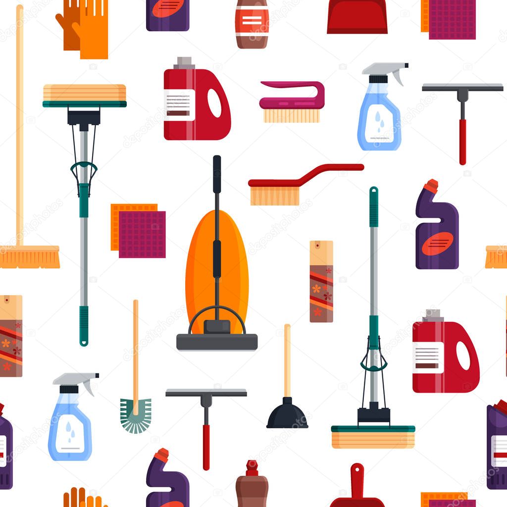 Cleaning service seamless pattern, house cleaning tools on white background. Detergent and disinfectant products, household equipment for washing - flat vector illustration