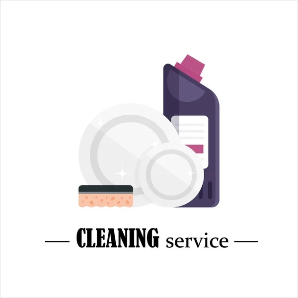 Limpia los platos con esponja y detergente aislados sobre fondo blanco. Servicio de limpieza, set de herramientas de limpieza de la casa, productos desinfectantes, equipo doméstico para el lavado - ilustración vectorial plana — Vector de stock