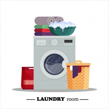 Çamaşır makinesi, toz, sepet, havza, beyaz arka plan üzerinde izole iç çamaşırı ile çamaşır odası. Yıkama - ev eşyası düz vektör çizim