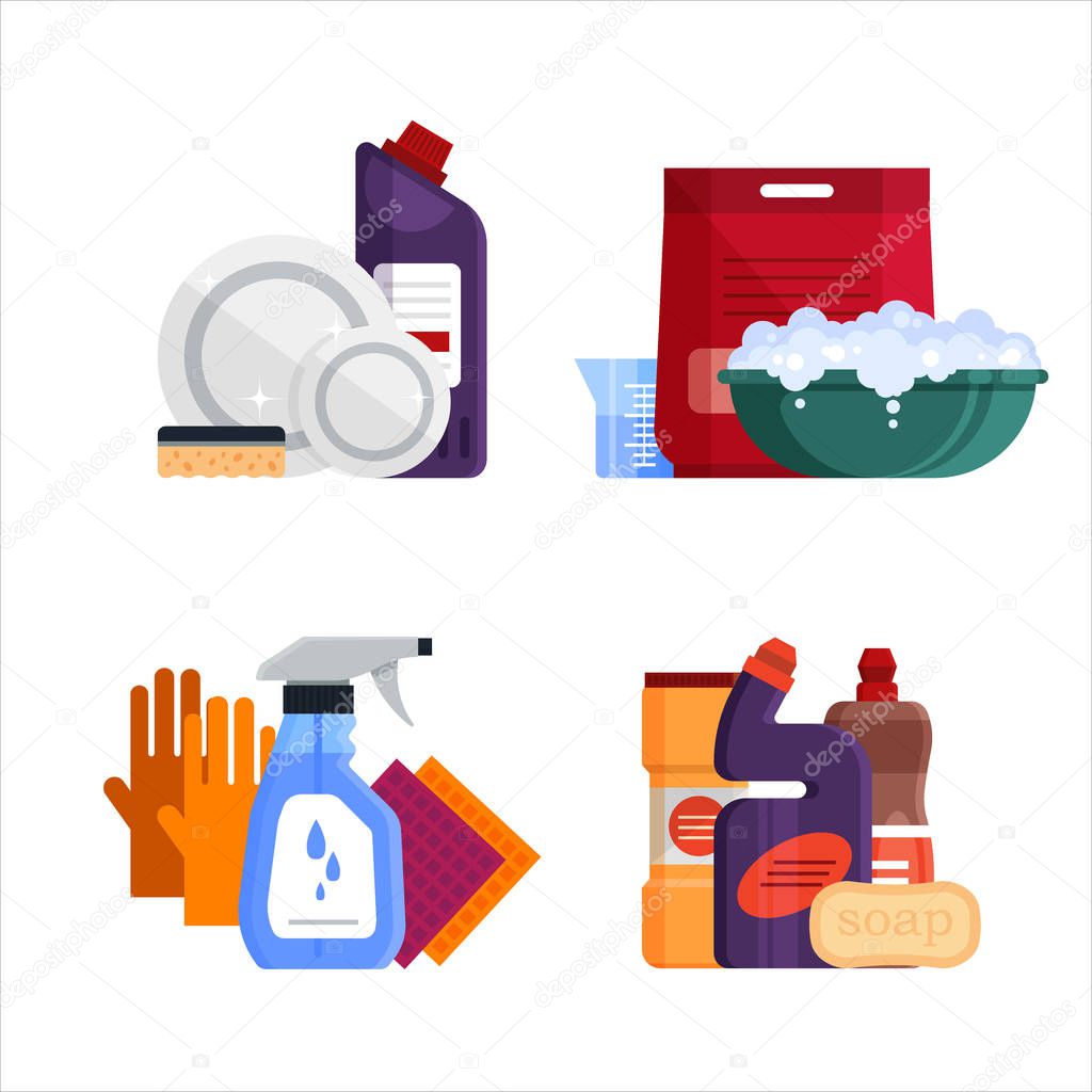 Cleaning service. Set house cleaning tools isolated on white background. Detergent and disinfectant products for dishwashing, laundry, washing windows and toilet cleaning, baths, household equipment -