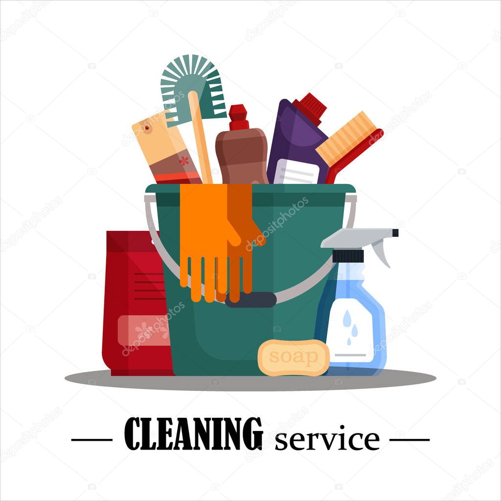 Cleaning service. Set house cleaning tools in bucket isolated on white background. Detergent and disinfectant products, household equipment - flat vector illustration