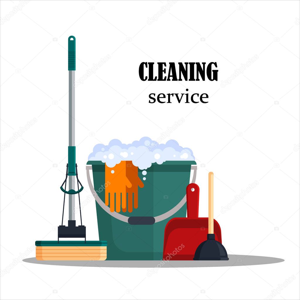 Cleaning service. Colorful set house cleaning tools with bucket, mop, glovers, scoop, toilet plunger isolated on white background. Detergent and disinfectant products, household equipment - flat