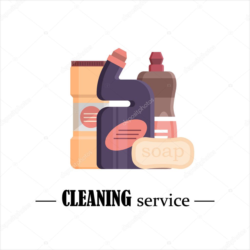 Cleaning service. Set house cleaning tools isolated on white background. Detergent and disinfectant products, household equipment for washing - flat vector illustration.