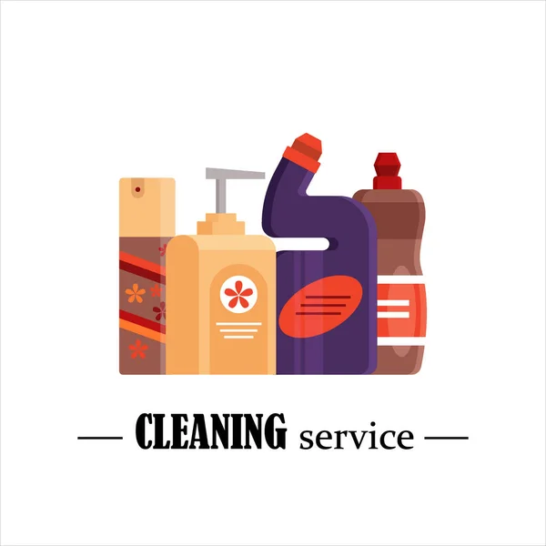 Usługa sprzątania. Zestaw narzędzia do czyszczenia domu na białym tle. Detergentu i środkiem dezynfekującym produkty, sprzęt gospodarstwa domowego do mycia - płaskie wektor ilustracja — Wektor stockowy