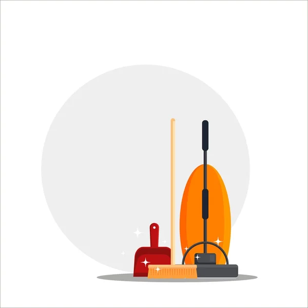Reinigungsservice. Set Hausreinigungswerkzeuge mit Staubsauger, Holzbesen, rote Schaufel mit Platz für Ihren Text. Haushaltsgeräte zum Wischen - flache Vektorabbildung — Stockvektor